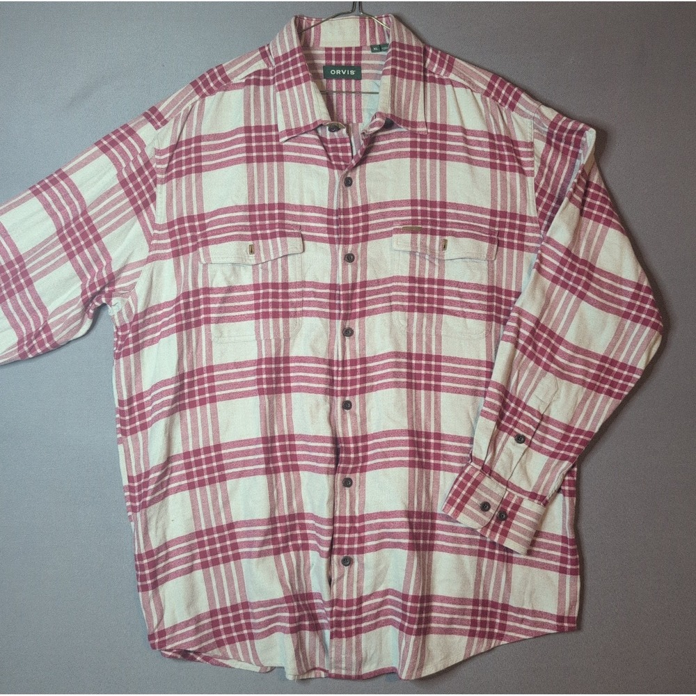 Orvis Flannel Mens XL White Red Plaid Shirt Thick Hunting Outdoors Button Down